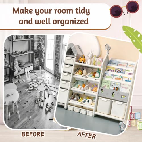 Image of 3in1 Kids Toy Organizer with Bookshelf for Home Storage Rack for Toddler Playroom Organizer Montessori Book Shelf for Kids Room Toys Organiser for Space Saving Storage Bins for Children