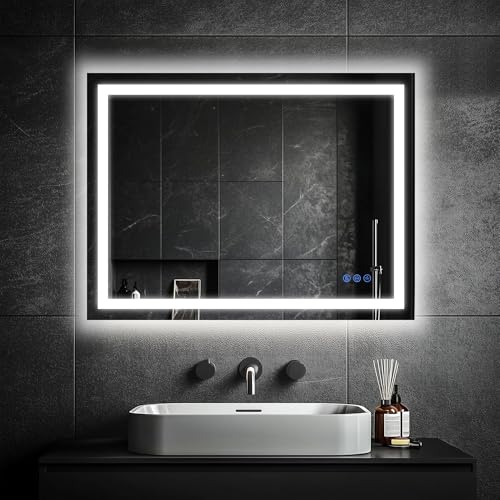 Antok 24'x 36' LED Bathroom Mirror with Lights, Anti-Fog, Dimmable, Lighted Vanity Mirror with Tempered Glass, Memory Function, 3 Light Modes, Safe Use, Horizontal, Vertical, Wall Mount