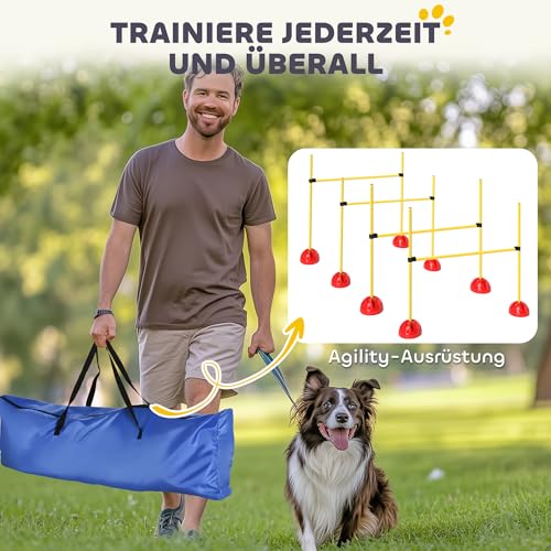 PawHut Agility Set Hunde, 4-teiliges Agility Ausrüstung mit höhenverstellbar Hürden Tragetasche Trainingszubehör, befüllbar Steckhürdenset für Hundetraining, Trainingsset für Hunde