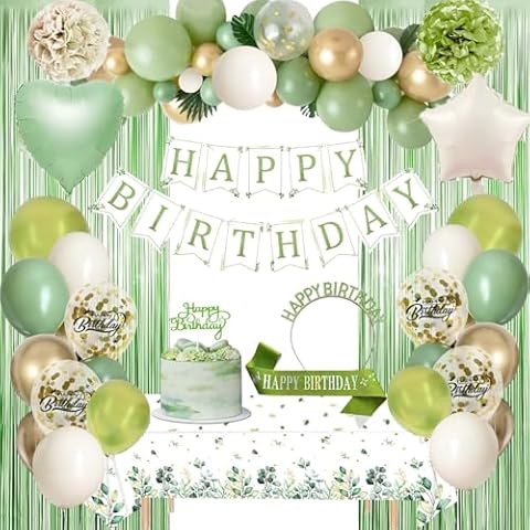 BamLue Sage Green Birthday Decorations, Green Gold Balloons Happy Birthday Party Supplies Birthday Décor Banner Green Fringe Curtain Tablecloth Birthday Crown Sash Paper Pom Poms for Girls Women Cover