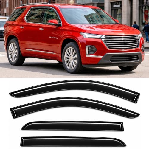 Image of 2018-2023 Tape-On Rain Guards for Chevrolet Chevy Traverse Side Window Visor Deflectors LS LT RS Premier True North High Country Durable Tinted Shades 2019 2020 2021 2022