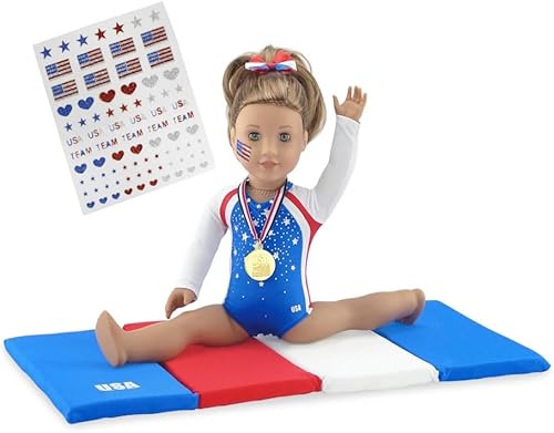 Emily Rose Ropa para muñecas, traje deportivo de gimnasia de 18 pulgadas para muñecas, accesorios de gimnasia para muñecas con medallas y