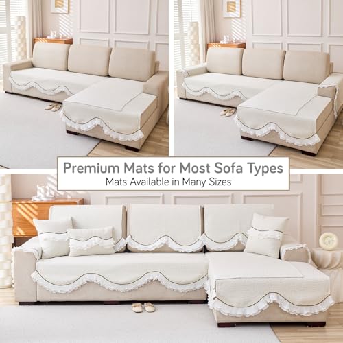 Image of HOKIPO 'French Classic Frill' Sofa Cover Mat for 1 /2 /3 Seater & L Shape Sofa. Make Your Own Sofa Cover Set, Anti-Slip Mat Length 90(D) x 170(L) cm, Snow White Ivory (AR-6142-IVY)