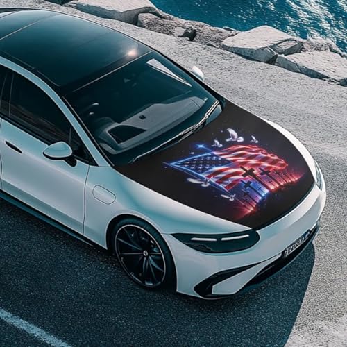 Image of American Flag Cross Print Car Hood Cover Stretchable Car Bonnet Banner Polyester Can be Washed Engine Cover Protective Vehicles Decorate Accessories