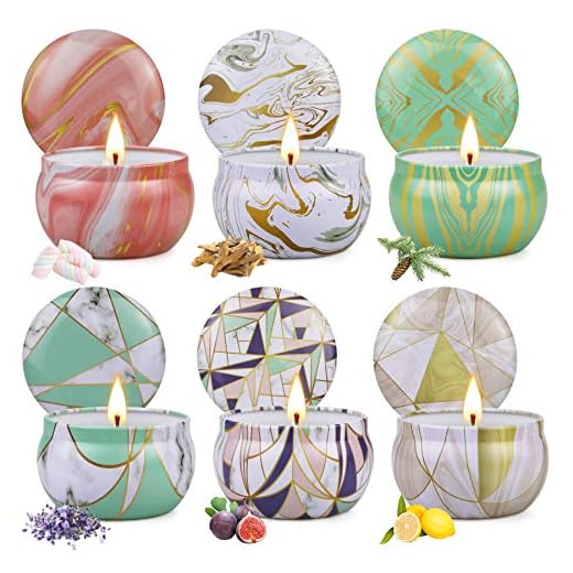 6 Pezzi Candele profumate Set, in 6 Lattina Geometriche, Alleviare Lo Stress e Aromaterapia Cera di Soia Regalo Donna, Durata 12-15 Ore, Regalo per Anniversario San Valentino Mamma Compleanno