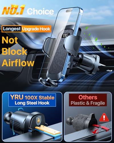 Image of YRU True Upgrade for Safety Car Phone Holder Mount Patent & Military-Grade Dashboard Cell Phone Holder for Car Vent Windshield Phone Stand for iPhone 17 16 15 14 13 Pro Max Truck Samsung, Matte Black