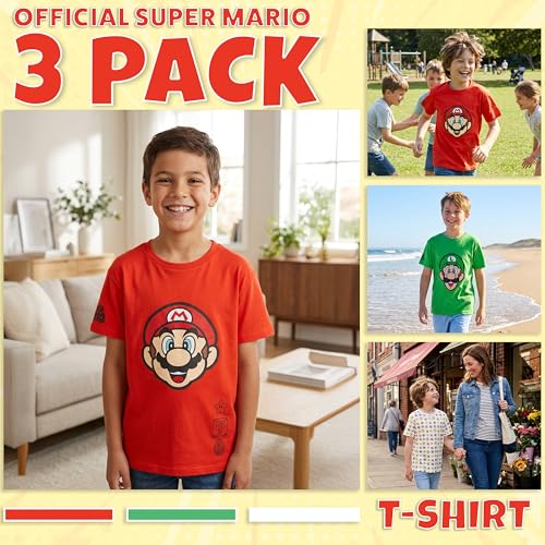 Image of Super Mario T-Shirt for Boys, 3-Pack Short Sleeve Graphic Tees, Crew Neck Summer Tops, Mario Luigi Gifts for Boys 5-14