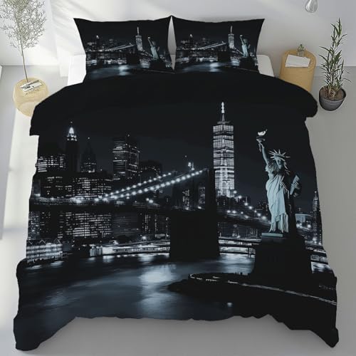 Dyjuaa New York Pont De Brooklyn Housse de Couette 140x200 cm et 2 Taie d'oreiller 65x65 cm Statue de la liberté Parure de lit Réversible Sets de Housse...