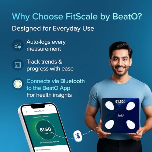 Image of BeatO FitScale Smart BMI Weight Machine for Home | Bluetooth Digital Body Fat Scale & Composition Monitor | Tracks 18 Advanced Body Parameters, Muscle Mass & Fat% | Free BeatO App Sync