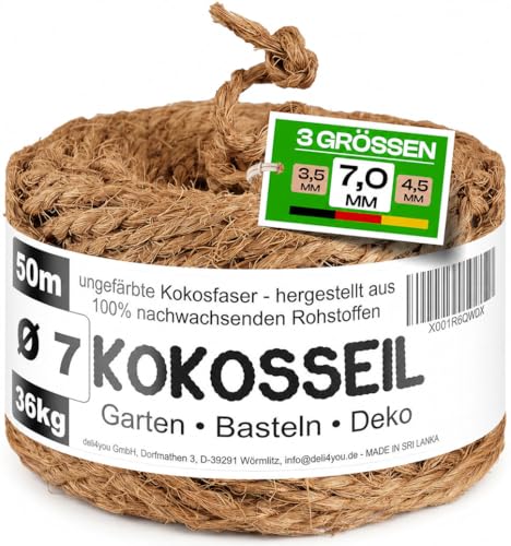 deli4you Kokosseil Gartenseil für Pflanzen 7mm x 50m Kokosstrick für Bäume Kokosfaserschnur Baumbinder Kokosseil für Bäume unbehandeltes Kokosband Gräser zusammenbinden