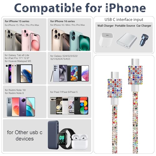 Image of Aolcev USB C Cable Fast USB to USB C Charging Cord 4FT USB Type C Charger Cord Cute Bling Sparkling Diamond Phone Charger Cable for iPhone 17 16 Pro Max 15 Pro Max Plus Galaxy S25 S24 S23 Colorful