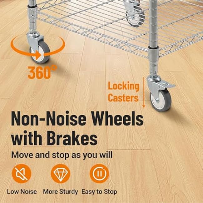 3 Tiers Kitchen Rolling Cart, 36.6x20x24 Wire Rolling Cart with Brake Wheels, 470LBS Capacity Steel Trolley with Storage Basket, Rolling Kitchen Carts for Indoor & Outdoor-r2SdngOE