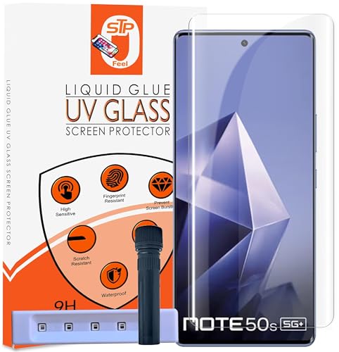 Image of STP FEEL HD+ UV Tempered Glass Screen Protector Guard Compatible For Infinix Note 50s 5G+ (6.78 Inch, Pack of 1) Full Adhesive UV Curved Case Friendly HD Clarity with easy installation kit