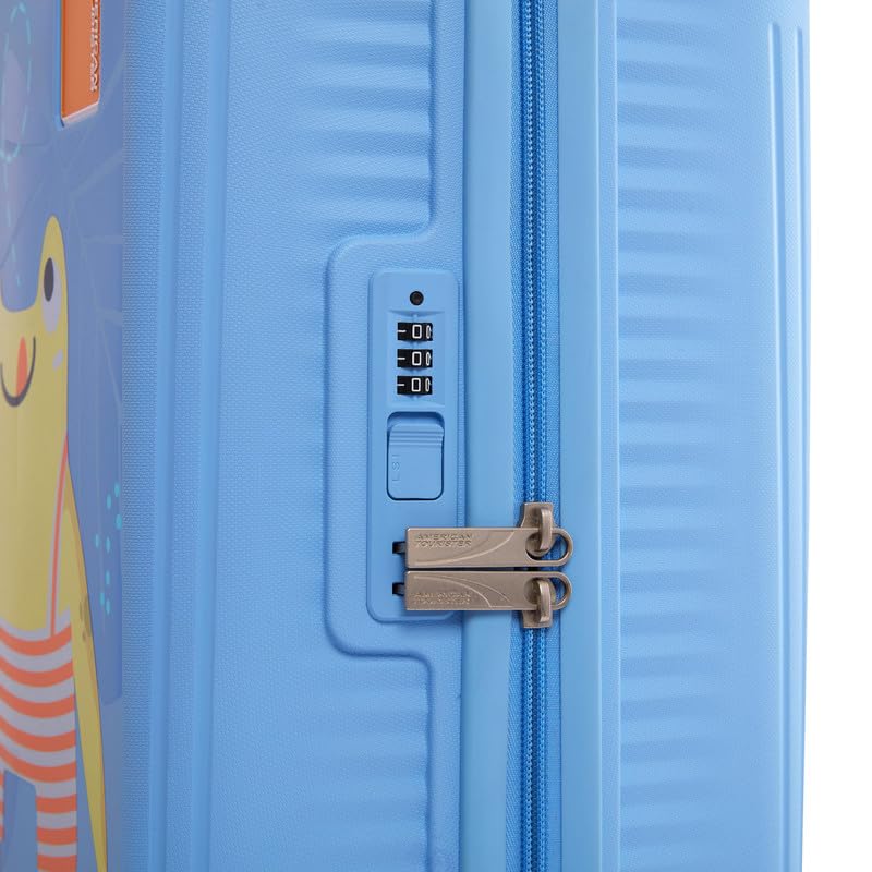 Image of American Tourister Snoodle Kids Spinner Luggage | 48 cm Cabin Size | 22L | 8 Wheels | Recessed Combination Lock | Multi-Stage Trolley | Gen-Alpha Suitcases | Blue Frog | 3 Year Global Warranty