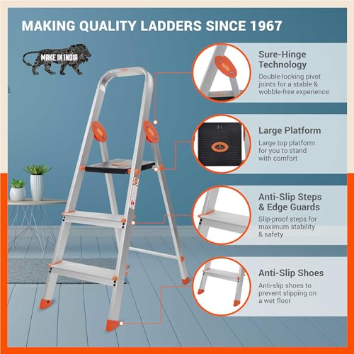 Image of Bathla Advance Carbon - 3 Step Foldable Aluminium Ladder with Scratch Resistant Smart Platform and Sure-Hinge Technology (Orange)