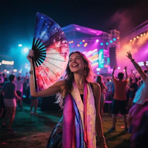 Jucoan Large Rave Fan and Pashmina Rave Scarf Floral Shawl Wrap Set for Women, 2- in-1 Rave Essential Bamboo Folding Clack Hand Fan for Dance Music Festival Party, Performance, Party Favor Gift4