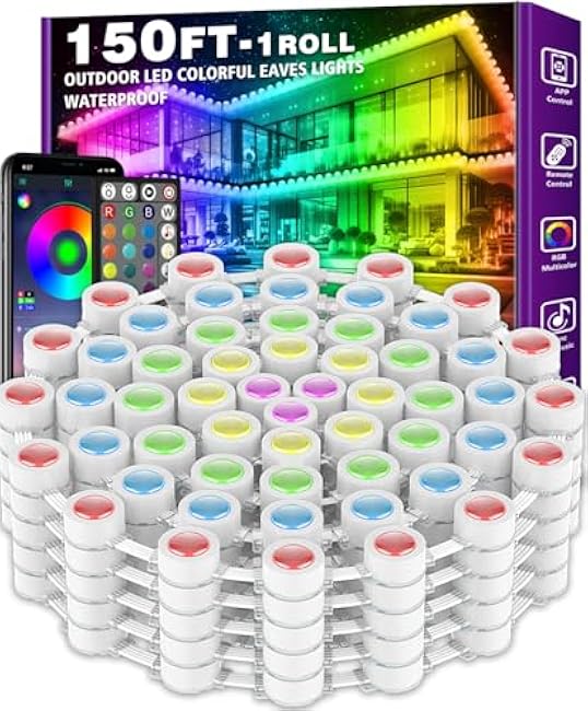 FBZ 150FT Permanent Outdoor RGB Lights - IP67 Waterproof with Smart App Control Remote,DIY Scene Modes, Music Synchronization,Eaves Lights for Garden Decor,Deck,Christmas