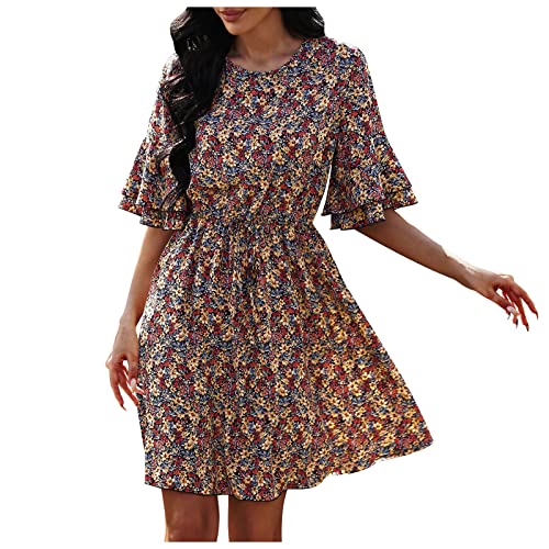Sommerkleid Damen Damenmode Bohemian Crewneck Loose Halbarm Rüschen Print Minikleid Sommerkleid Damen Lang Damen Sommerkleid y56-997PDDE Cover