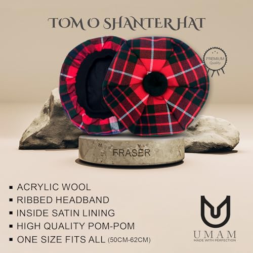 Image of Scottish Tam O' Shanter Hat Tartan Bonnet Pom Pom Wool Flat Cap One Size
