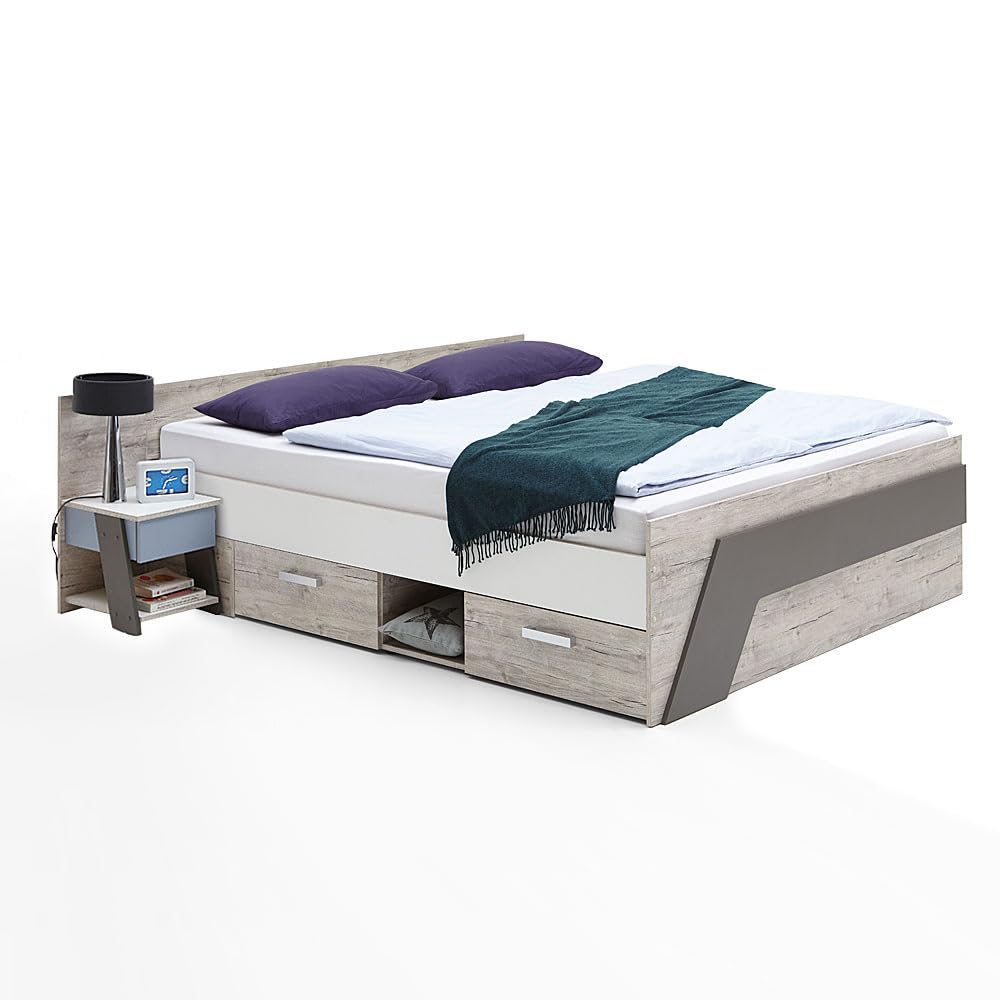 Lomadox Jugendzimmer Kinderzimmer Komplett Set, Eiche weiß Lava blau, 140 x 200 cm Jugendbett, Kleiderschrank, Schreibtisch, Nachttisch, Highboard-Kommode