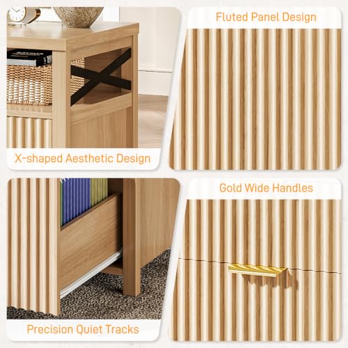Image of Halitaa Fluted 4 Drawers Home Office File Cabinet for A4 /Letter Size. Oak