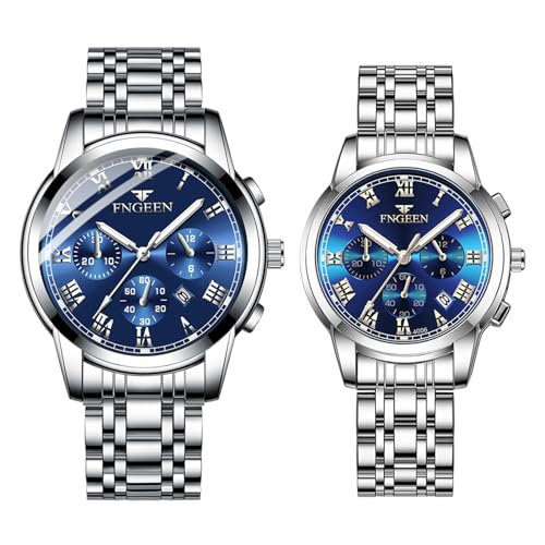 JewelryWe Paar Uhren Edelstahl Leuchtzeiger: Datum Kalender 30m Wasserdicht Analog Quarz Pärchen Armbanduhr Partner Freundschaft Uhr mit Blau Römischen Ziffern Zifferblatt & Silber Edelstahl Band