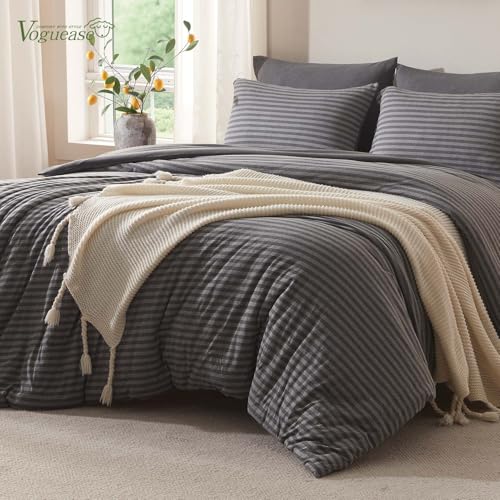 Image of Twin Comforter Set Comforters Twin Size Bed Sets, Luxury Ultra-Soft Jersey Knit Bedding, Strip /Dark Gray Lightweight Down Alternative Bed Comforter for All Season, 2 Piece Bedding Set