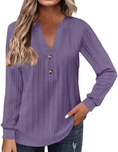 Long Sleeve V Neck Button Shirt for Women Casual Slim Henley Shirts Fall Fashion Pullover Blouse Winter Knitwear (Dark Purple,5X-Large)