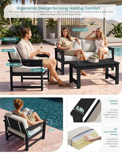 Image of SERWALL 2 Pieces Single Cushioned Sofa Armchair, Black HDPE Adirondack Outdoor Sofa Lounge with Khaki Cushion