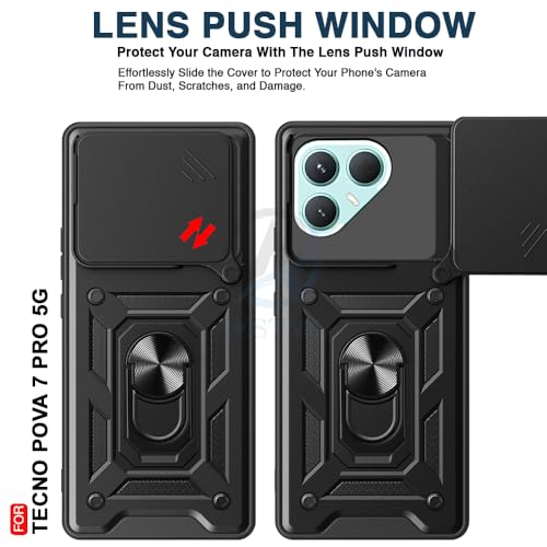 Image of AESTMO Tough Armor Tecno Pova 7 Pro 5G Bumper Back Case Cover | Ring Holder & Sliding Camera Shield Cover | 360 Degree Protection Back Case Cover for Tecno Pova 7 Pro 5G (Black)