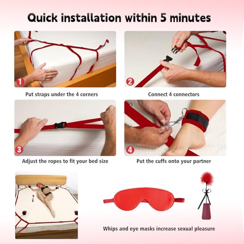 Image of BDSM Sex Bondage Kit Bed Restraints Set, 10 Pcs Adult Sex Toys with 4 Adjustable Wrist Thigh Cuffs, Whip, Eye Mask for Couples Game