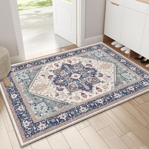 OPPODREAM Soft Throw Rugs 2x3, Small Washable Entryway Rugs 2 x 3 with Non Slip Backing, Low-Pile Faux Cashmere 2 x 3 Carpet, Navy Blue & Red & Cream