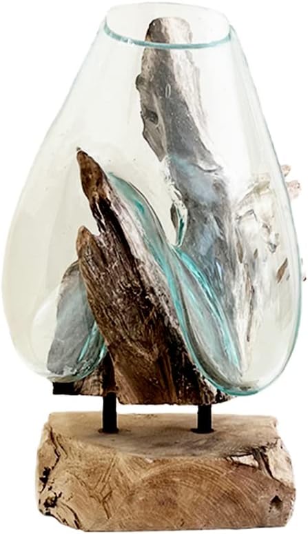 OMA Hand Blown Molten Glass and Teak Vase Sculpture Natural Solid Wood and Recycled Glass Modern Home Decor Large Size