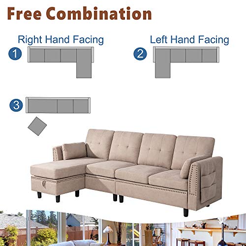 JY QAQA Convertible Sectional Sofa Couch with Reversible Chaise, L-Shaped Couch 4-seat Sofas with Modern Chenille Fabric for Living Room(Dark Khaki) - Thumbnail 6