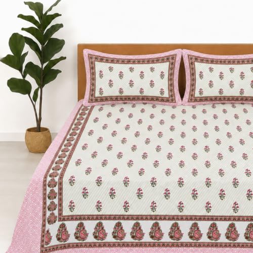 Image of Jaipur Weaves Jaipuri Double Bed Cotton Bedsheet Queen Size 90x85, 120 TC 100% Pure Cotton Bed Sheet with 2 Pillow Covers, Floral Traditional Print (Red Motifs, Double)
