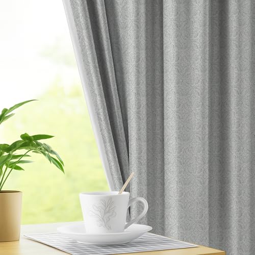 Image of LINENWALAS 100% Blackout Curtains for Door - Set 2 Panels Linen Texture with Geometric Floral Pattern Complete Light Blocking with Thermal Insulated, Nose Reducing Backing (Timberwolf Grey, 7FT)