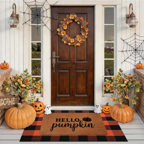 2 Pack Fall Halloween Door Mat Set, Pumpkin Coir & Plaid for Thanksgiving - image 7