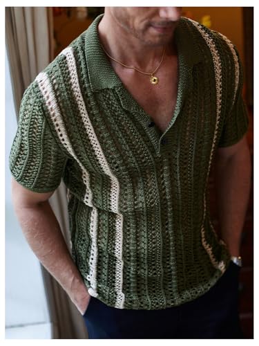 Verdusa Men's Striped Color Block Sweater Half Button Short Sleeve Collar V Neck Knitwear3