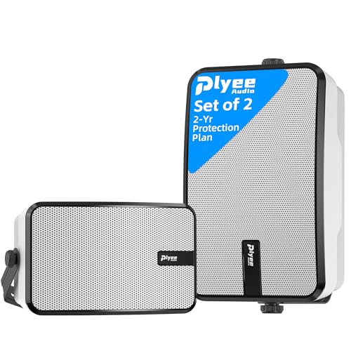Plyee Audio 400W Outdoor Bluetooth Speakers, Wireless Sync Between Speakers, Powerful Bass, Wall Mount for Patio, Porch, Gazebo, Garage, 2-Pack, White(MZ-621)