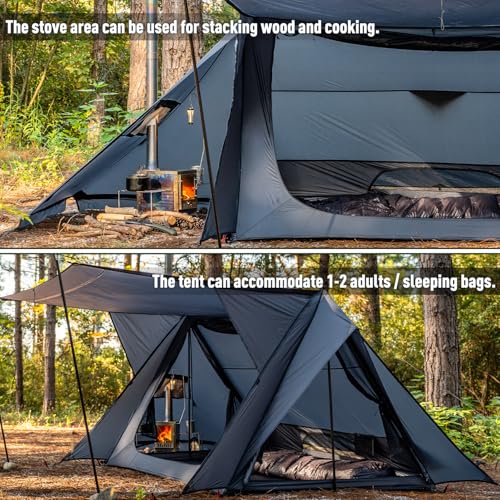 Image of POMOLY Hot Tent Bushcraft Tent, STOVEHUT 20 Ultralight Shelter with 4 Poles for 1-2 Person Camping, Hiking, Backpacking (Blue Grey)