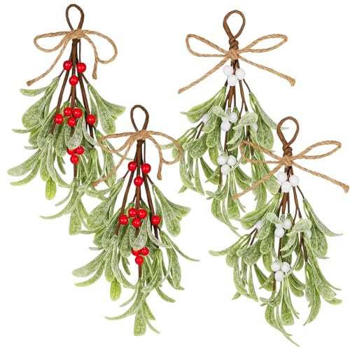 4 Stück Weihnachtsdeko Mistelzweig Künstliche Girlande Weihnachten mit Roten und Weißen Beeren 19 x 23 cm Weihnachtsdeko Outdoor für Fenster Bäume und Decken
