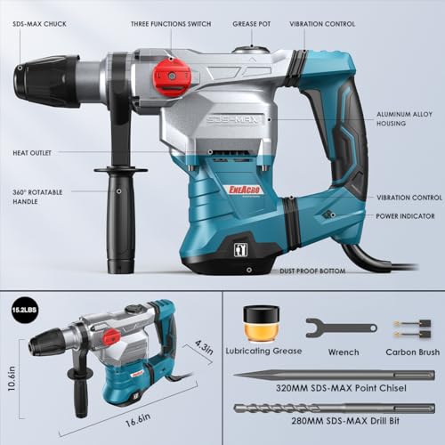 ENEACRO SDS-Max Heavy-Duty Rotary Hammer Drill 9 Ft.lbs, 3 Functions with Safety Clutch & Vibration Control 1-9/16" Drilling Capacity in Concrete– Includes Chisel, Drill Bit, and Tool Bag - Image 3