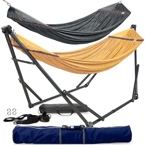 Image of Tranquillo Combo x2 Hammocks with Stand for Outside & Tree Straps, Heavy Duty Hammock with Stand 600lbs for Indoor Outdoor Patio Backyard, x2 Hammocks for 2 Person (Combo - Yellow, Medium)