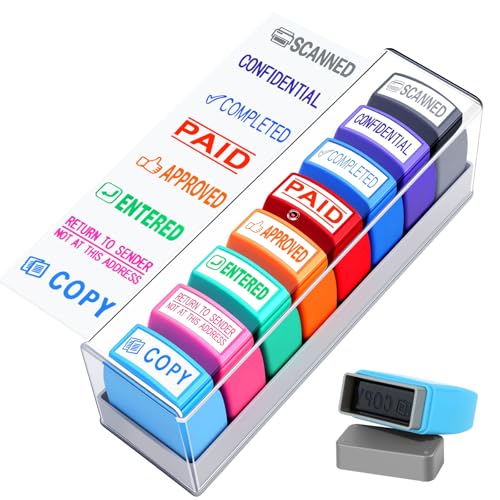 8 Pcs Office Stamps Set Paid Copy Scanned Entered Confidential Approved Completed Return to Sender Stamp Multicolor Rubber Business Stamps with Storage Case