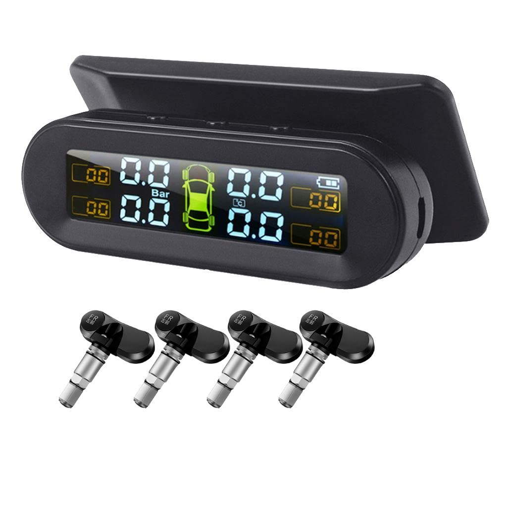 Sistema de monitoreo de presión de neumáticos para automóviles Medidor de presión de neumáticos Solar - 4 sensores externos Pantalla LCD para RV, MPV, SUV, sedán, Negro, sensores internos