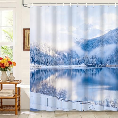 Kzzfqxb Rideaux de Douche 180x200cm avec Crochets Plastique, Montagnes de Neige Blanche forêt de pins rivière glacée, étanche Tissu Polyester pour...