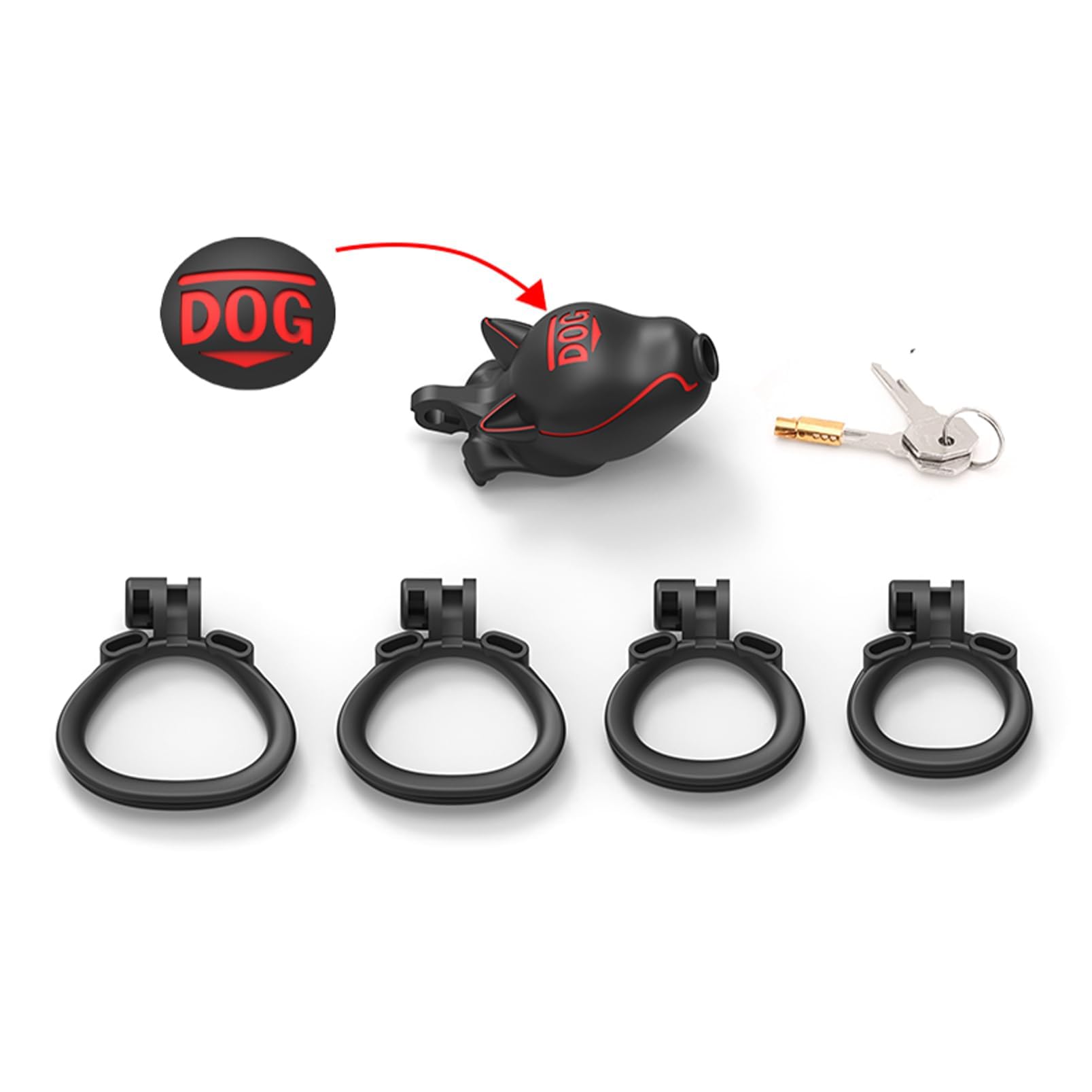 Ensemble de cage de chasteté masculine en forme de tête de chien, cage à pénis en résine nylon avec 4 tailles d'anneaux à pression et 2 clés jouets sexuels de chasteté (Dog)