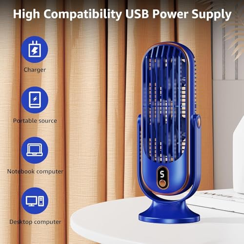 Image of WOOMZY 4000mAh Rechargeable Desk Fan, Wireless Portable Table Fan for Home, USB Charging Battery Fan 5 Speed for Brushless Motor Silent Tower Fan Quiet Personal Fan for Office, Kitchen (Blue)