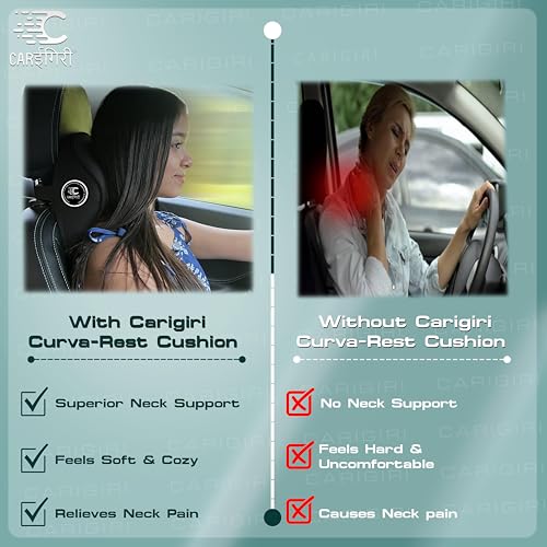 Image of Carigiri CurvaRest Car Neck Rest Pillow|1 Year Warranty|Memory Foam Neck Pillow| Seat Headrest Cushion| Car Neck Pillow for Neck Pain Relief in Office,Driving(Medium,Black,White Hemming,Pack of 1)