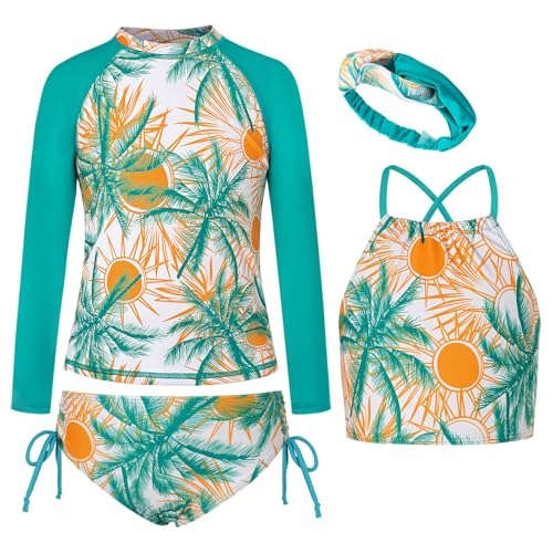 Image of GRACE KARIN Girls Swimsuit Tankini Set Rash Guard Long Sleeve Swimsuit 4 Piece Bathing Suit Swimwear 5-14Y